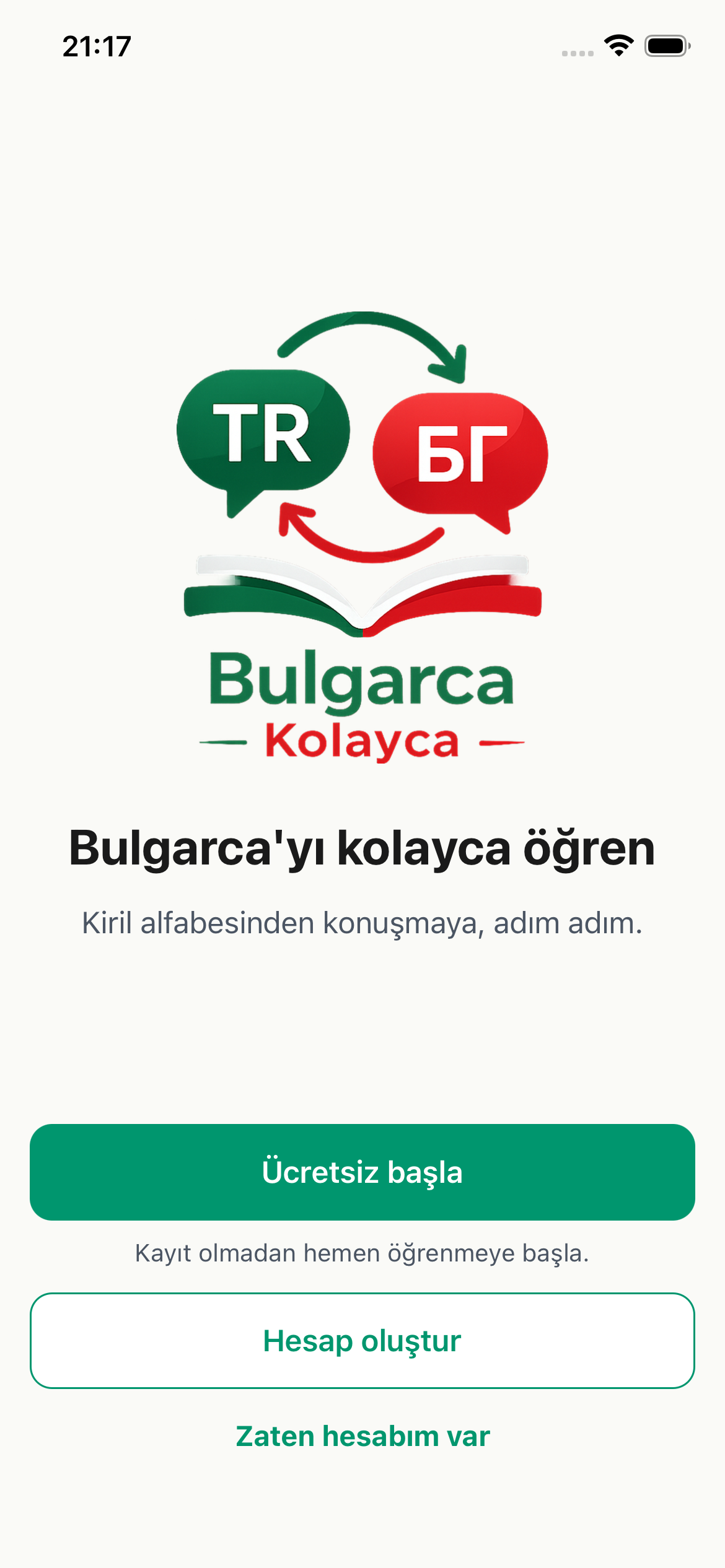 Kayıt olmadan başla — Bulgarca Kolayca ekranı